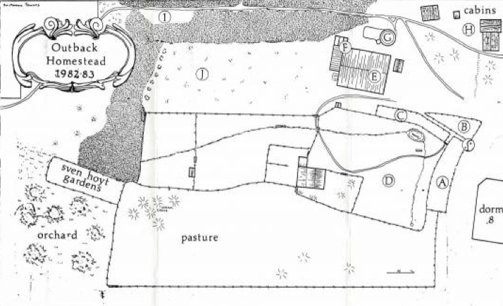 Outback Homestead 1982-83 with fields, roads and paths,  hand drawn map