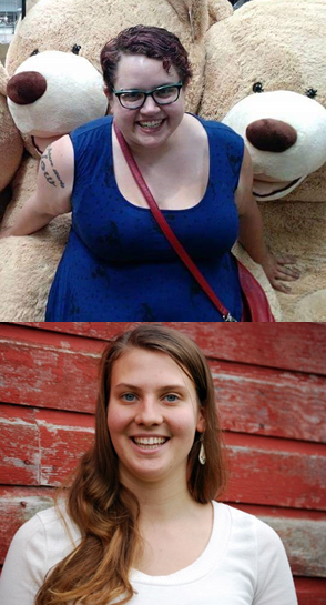 two seperate photos one of a smiling person sitting on top of two enormous teddy bears and close up of smiling person standing in front of red house