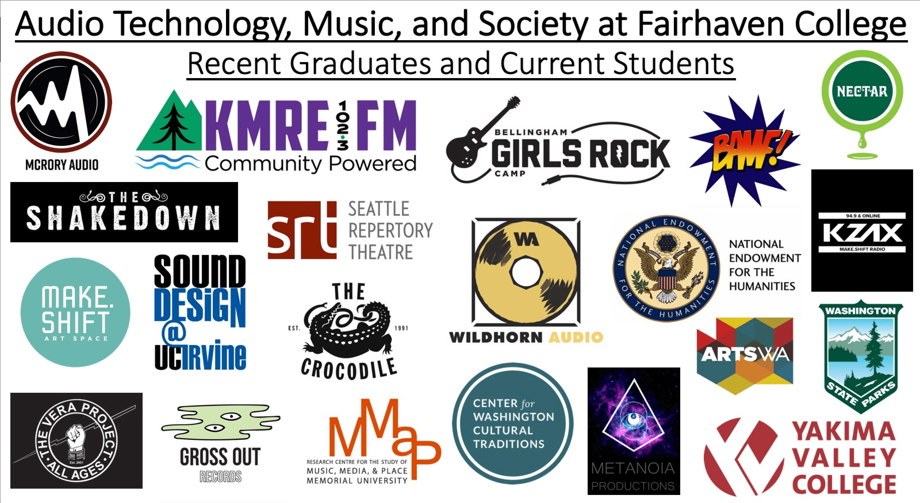 Collection of company names illustrating where current and recent grads from the Audio Technology, Music and Society program are working