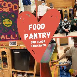 Food Pantry shelves stocked with  fruit and packaged food